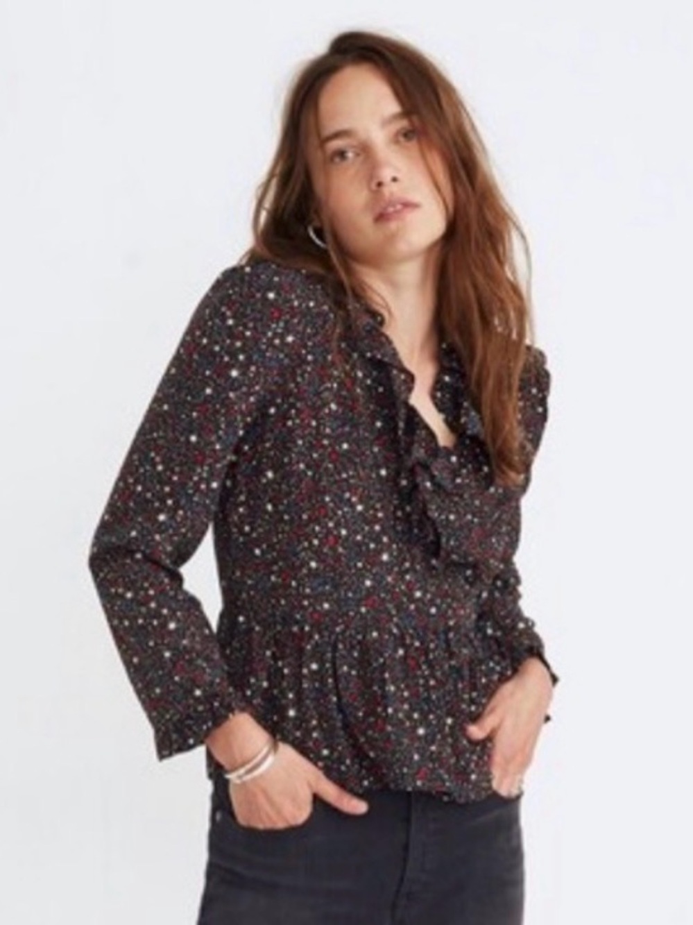Madewell Silk Ruffle-Hem Wrap Top in "Starry Night" Size Medium